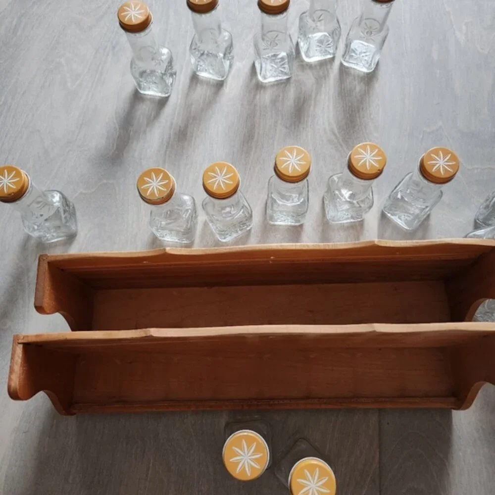 70's Wooden Spice‎ Rack with Glass Jars